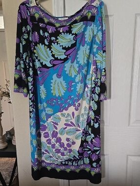 dressbarn Blue, Purple & Black Floral-Print Midi Dress
